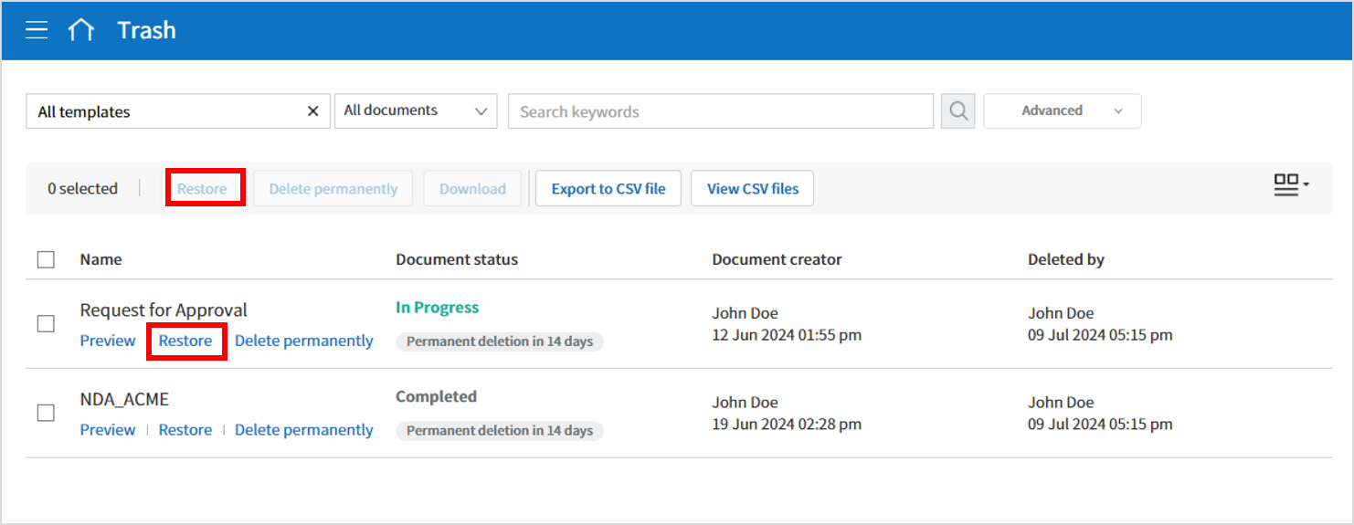 Sestoring a deleted document