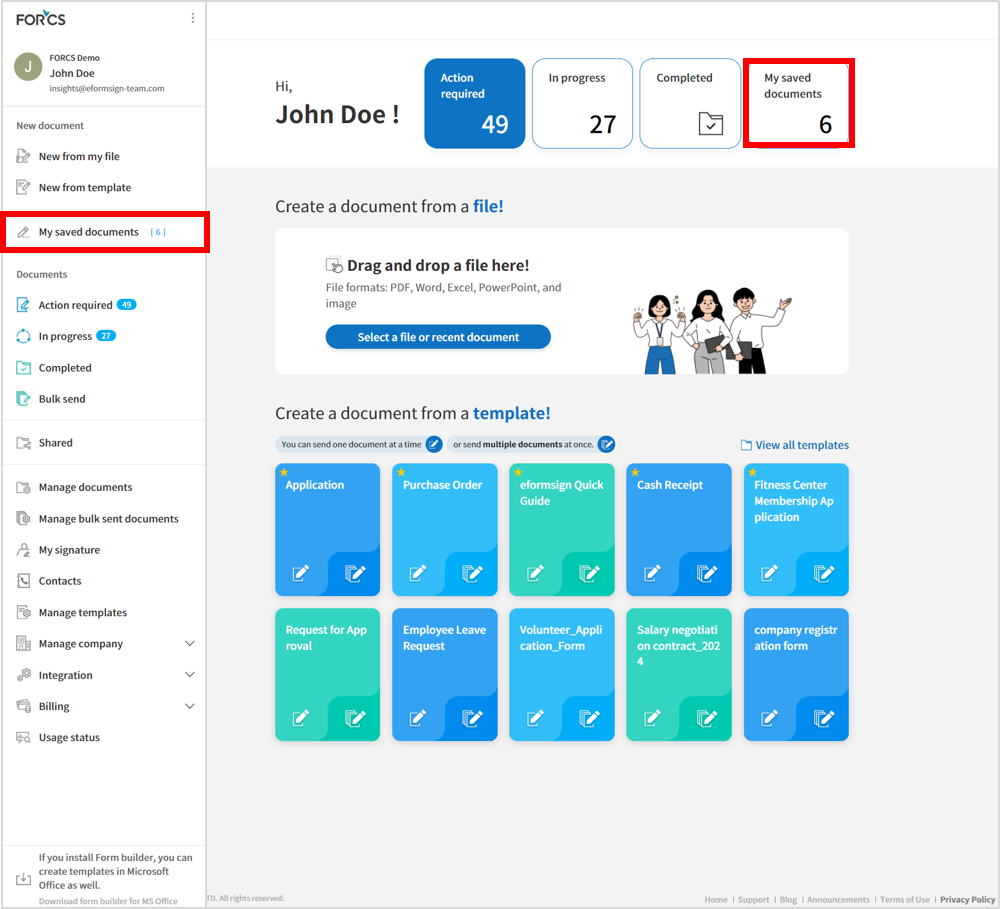 My saved documents in dashboard